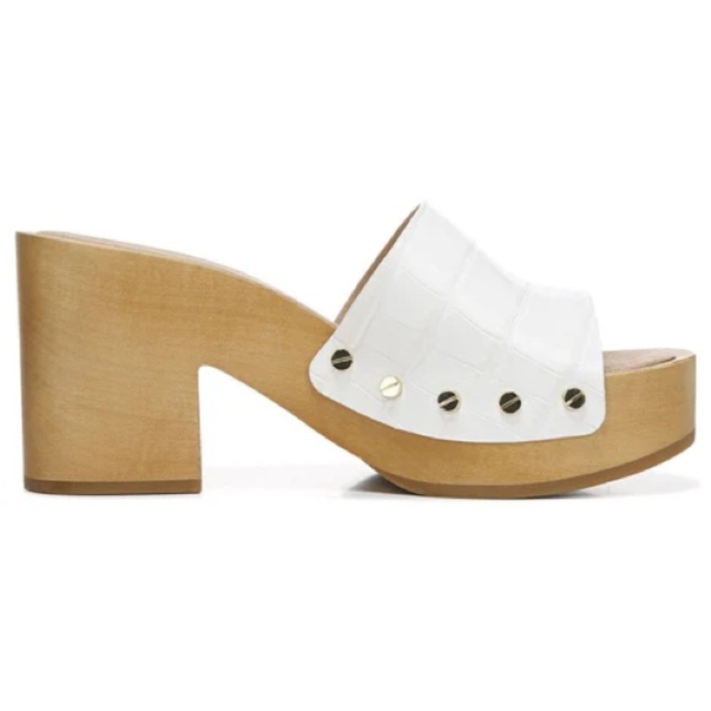 Veronica Beard White Croc-Embossed Leather Clog Mules with Wood Heel